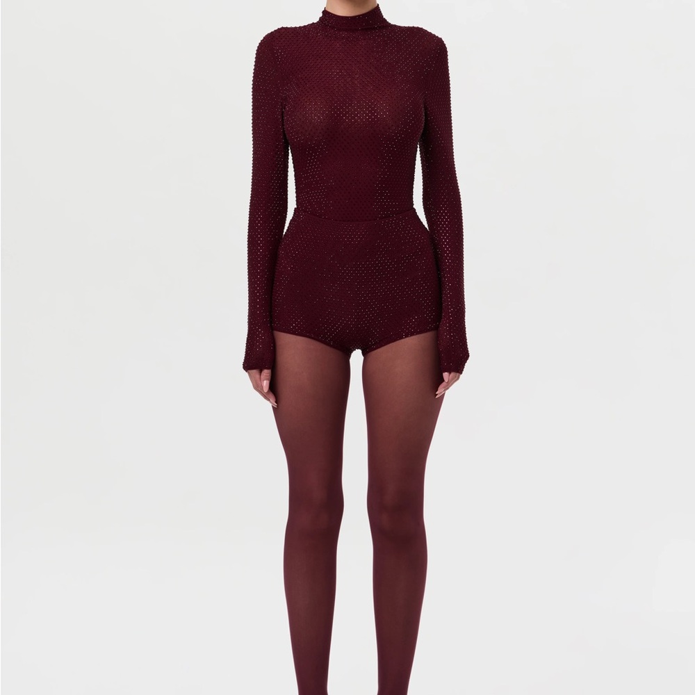Naked Wardrobe Burgundy CRYSTAL HIGH WAISTED SHORTS - Picture 4 of 9